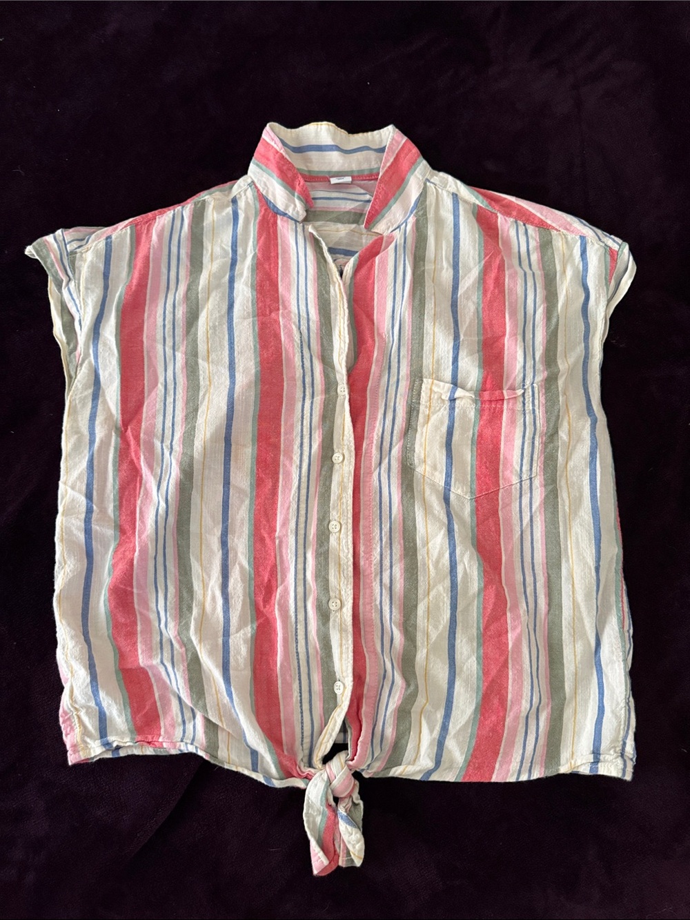 5 x $25- Old Navy Striped Tie-Front Button-Up Top in Coral, Blue, and Ivory